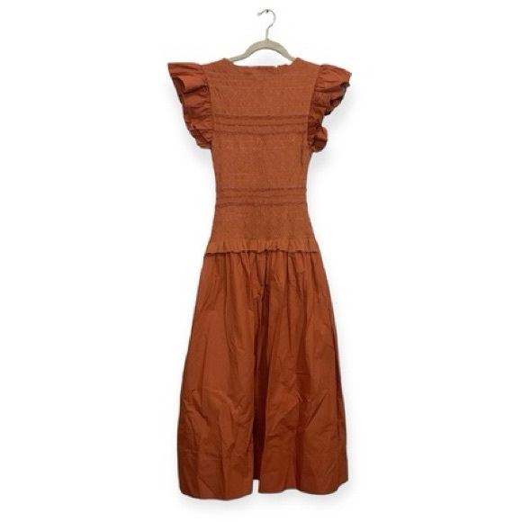 Ulla Johnson Flutter Sleeve Smocked Midi Madeline Dress, Clay Sz 2 (NWT) - Picture 9 of 9